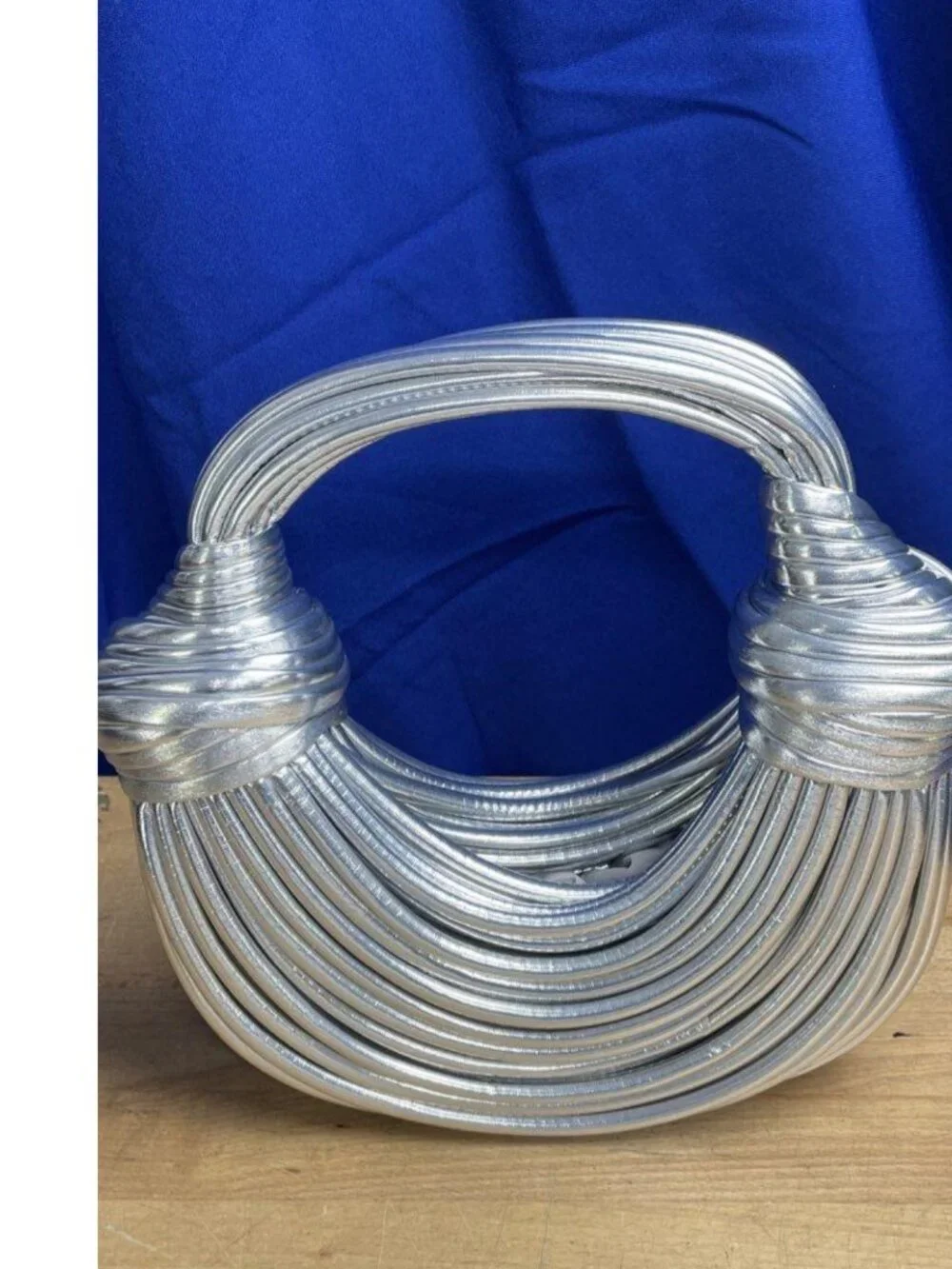 Metallic Silver Tubular Crescent Spaghetti Noodle Hobo Bag - Knotted Strap